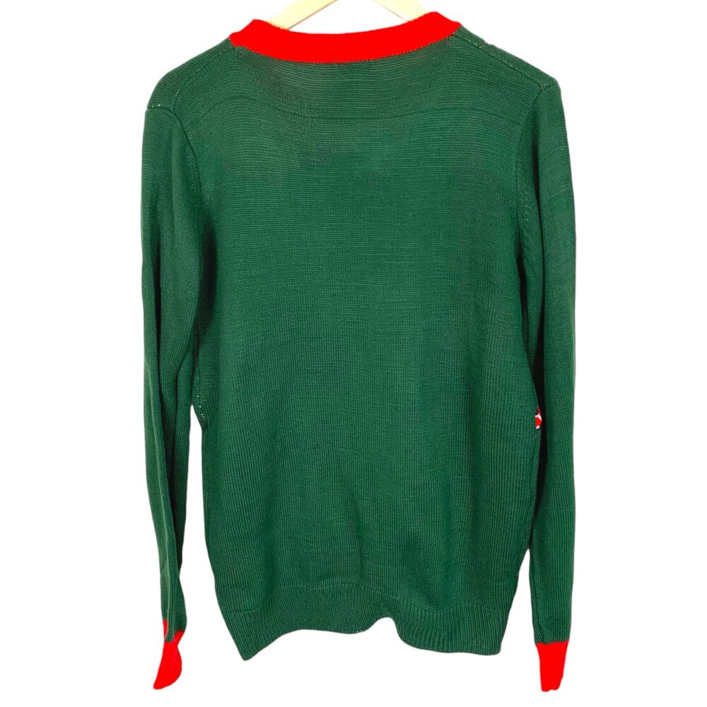 Pink Reindeer Sz L Green Knit Sweater Red Collar & Cuffs XMAS Sweater - Picture 2 of 8